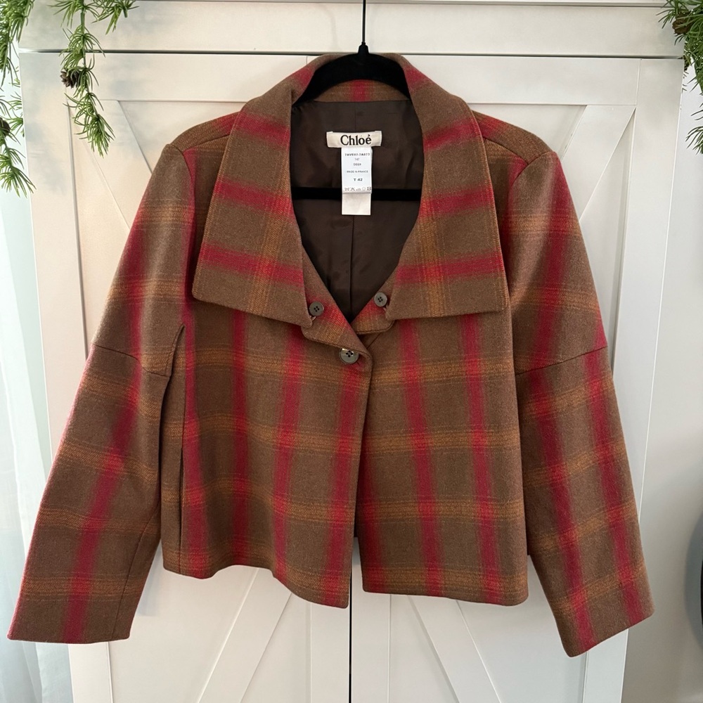 Chloe Blazer Jacket Plaid Brown Red Size 42 Fully lined w/pockets